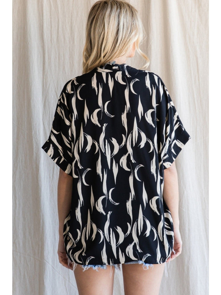 Jodifl Half Moon and Stripey Print Boxy Short Sleeve Top with V-Neckline