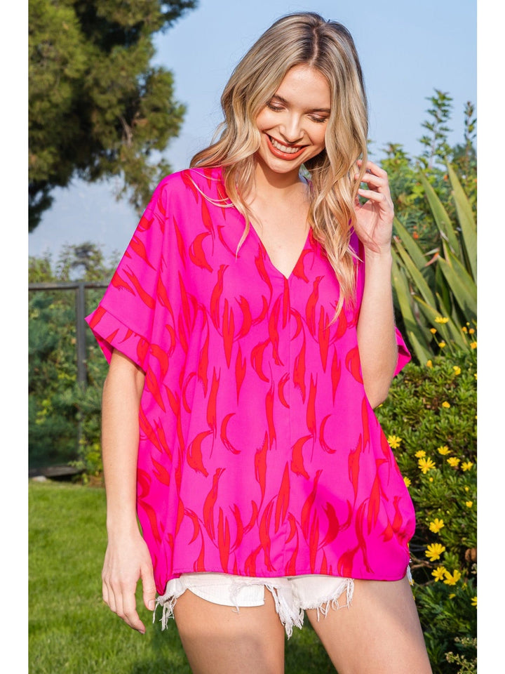 Jodifl Half Moon and Stripey Print Boxy Short Sleeve Top with V-Neckline