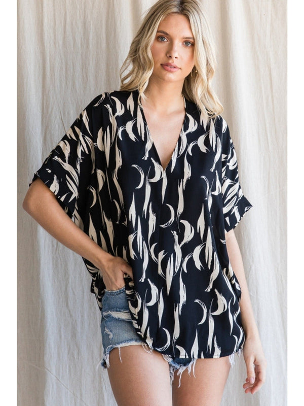 Jodifl Half Moon and Stripey Print Boxy Short Sleeve Top with V-Neckline