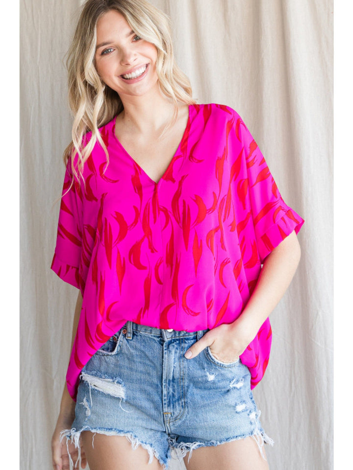Jodifl Half Moon and Stripey Print Boxy Short Sleeve Top with V-Neckline