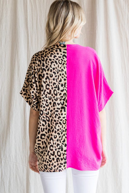 Jodifl Half Solid Half Leopard Print Satin Contrast Short Sleeve Blouse Top
