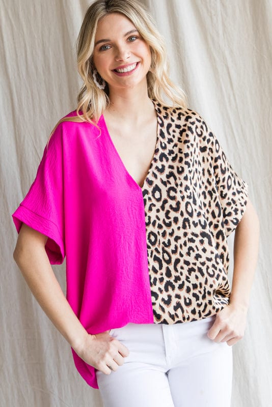 Jodifl Half Solid Half Leopard Print Satin Contrast Short Sleeve Blouse Top