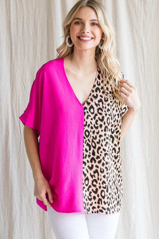Jodifl Half Solid Half Leopard Print Satin Contrast Short Sleeve Blouse Top