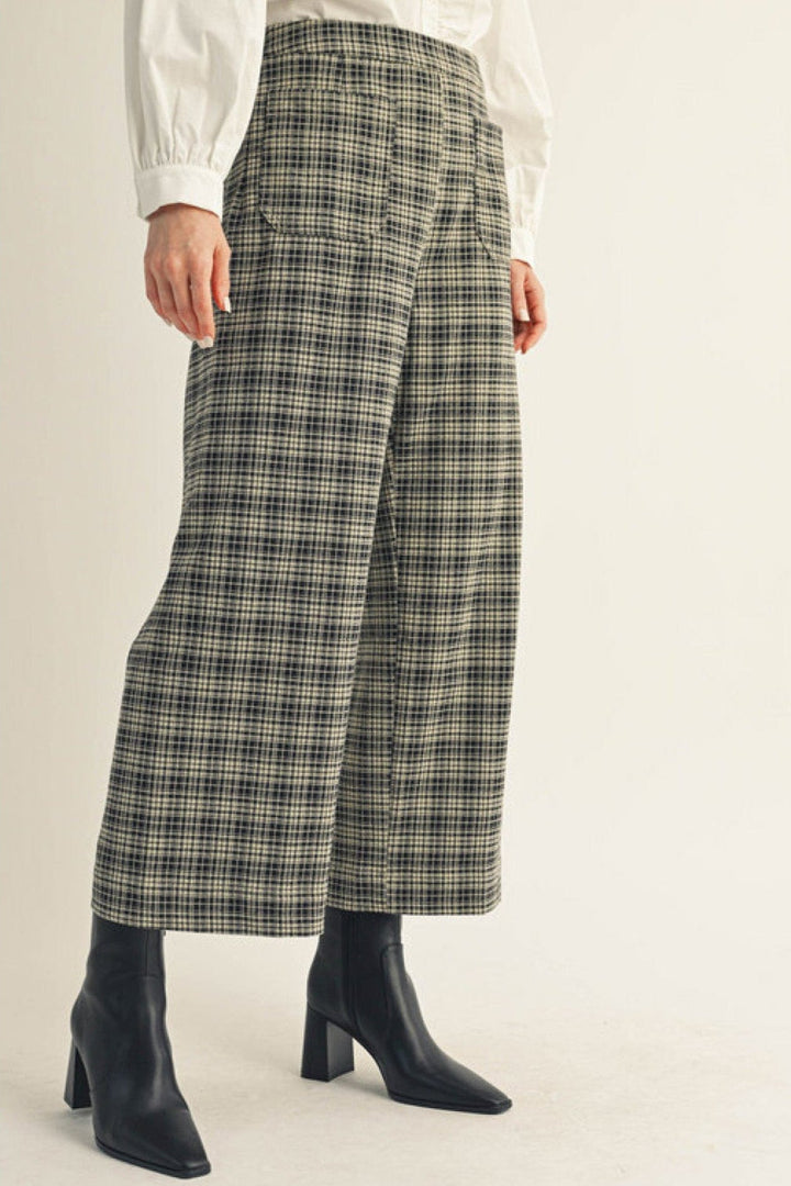 Jodifl High Waist Wide Leg Plaid Cropped Pants with Two Front Pockets