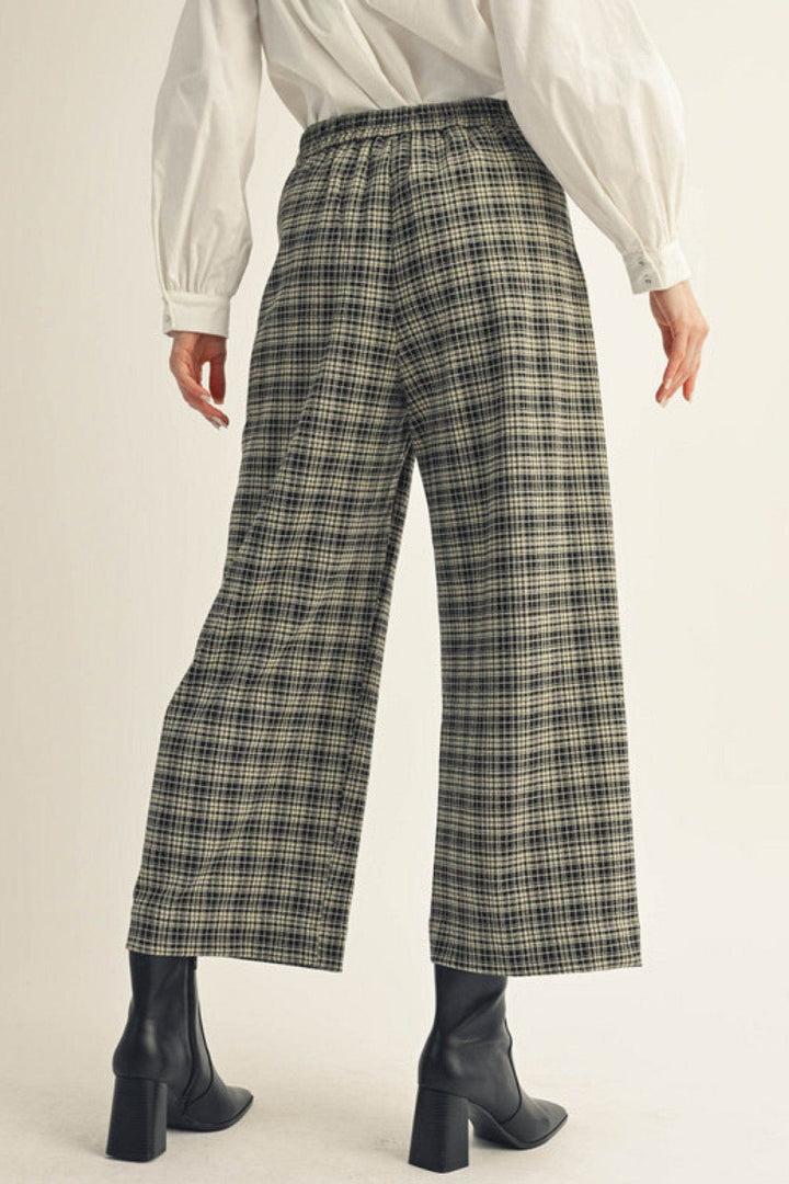 Jodifl High Waist Wide Leg Plaid Cropped Pants with Two Front Pockets