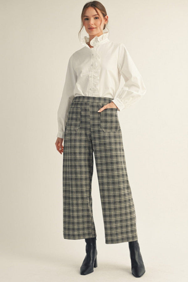 Jodifl High Waist Wide Leg Plaid Cropped Pants with Two Front Pockets