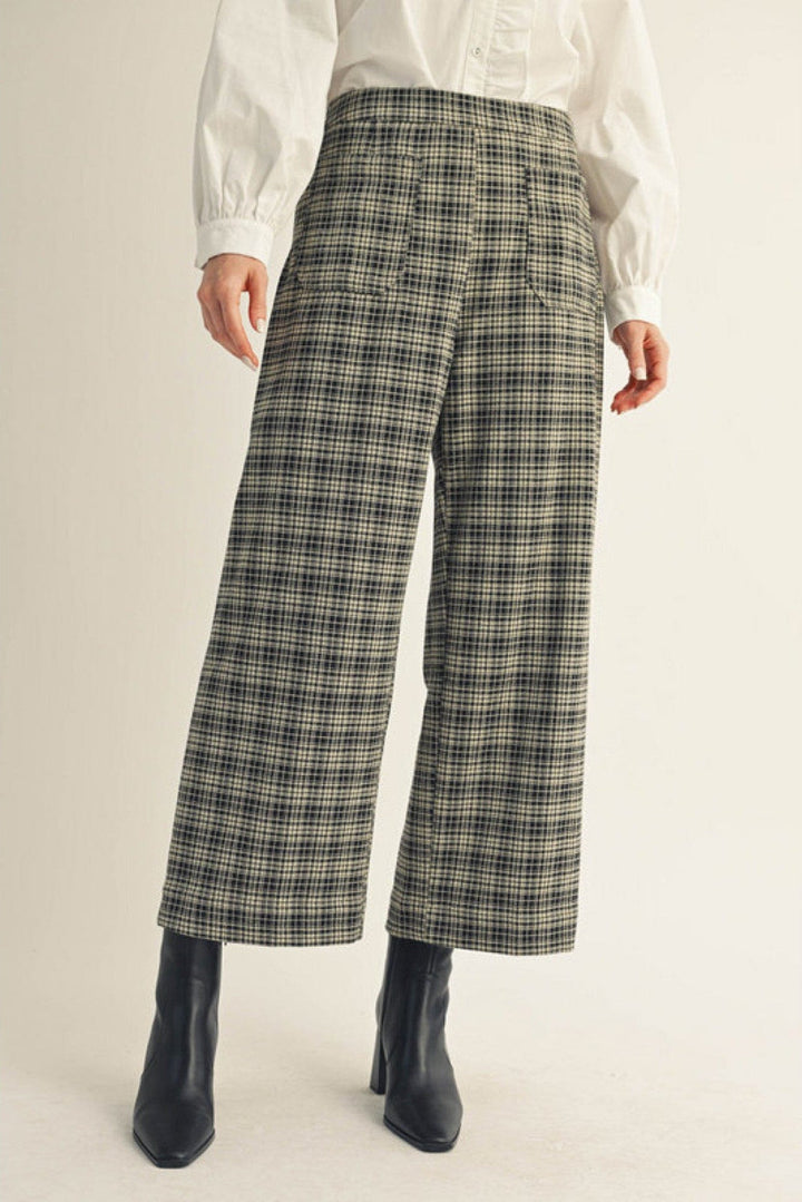 Jodifl High Waist Wide Leg Plaid Cropped Pants with Two Front Pockets