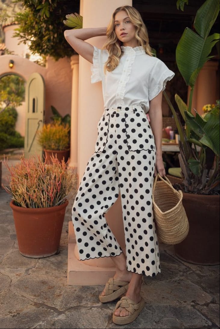 Jodifl High Waist Wide Leg Polka Dot Pants with Scallop Trim