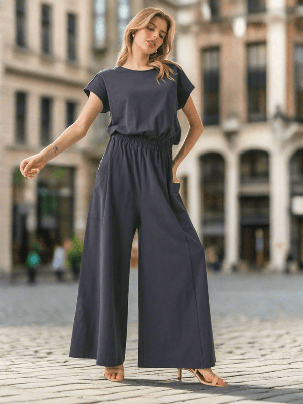 Jodifl Jersey U-Neck Wide Leg Short Kimono Sleeve Jumpsuit with Back Zipper Closure