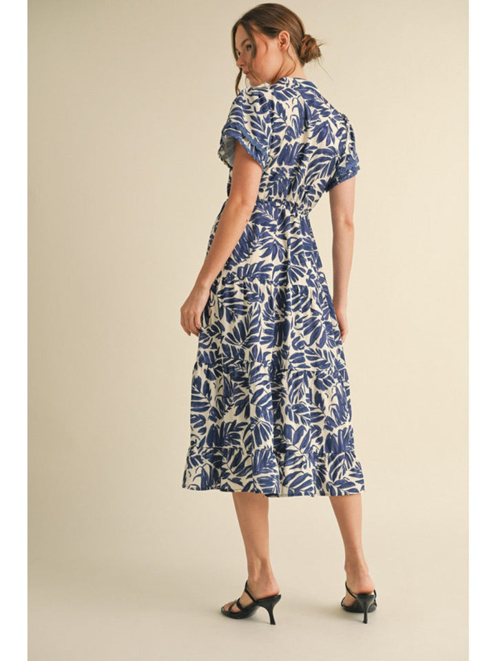 Jodifl Leaf Print Bubble Trim Layered Short Sleeve Tiered Midi Dress