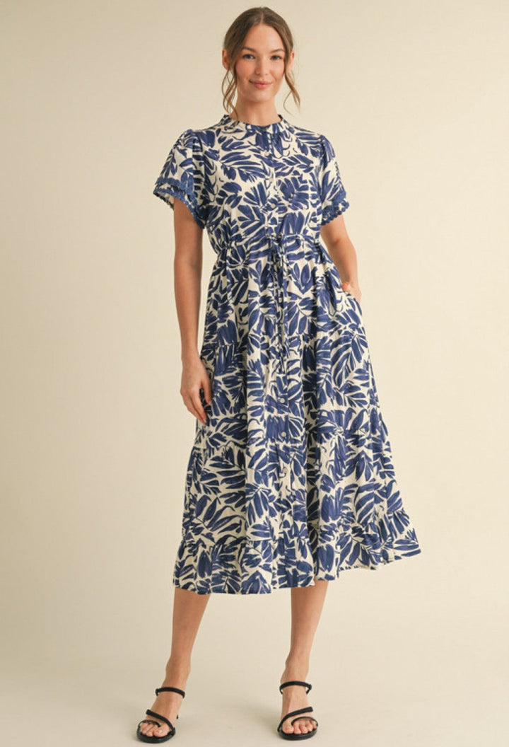 Jodifl Leaf Print Bubble Trim Layered Short Sleeve Tiered Midi Dress