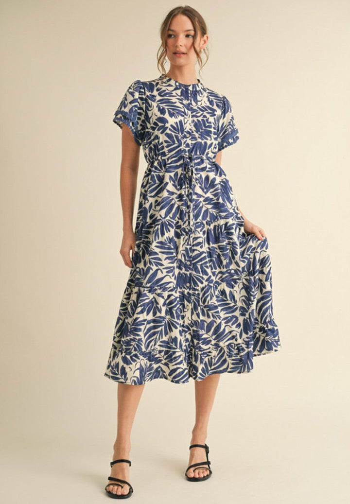 Jodifl Leaf Print Bubble Trim Layered Short Sleeve Tiered Midi Dress