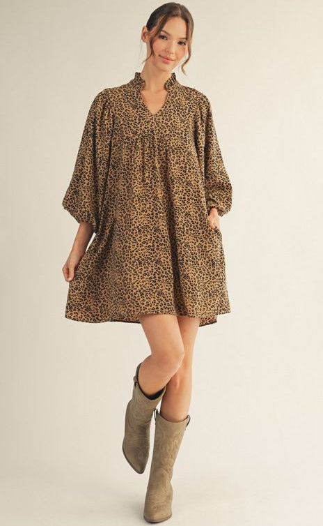 Jodifl Leopard Print 2/4 Puff Sleeve Babydoll Dress