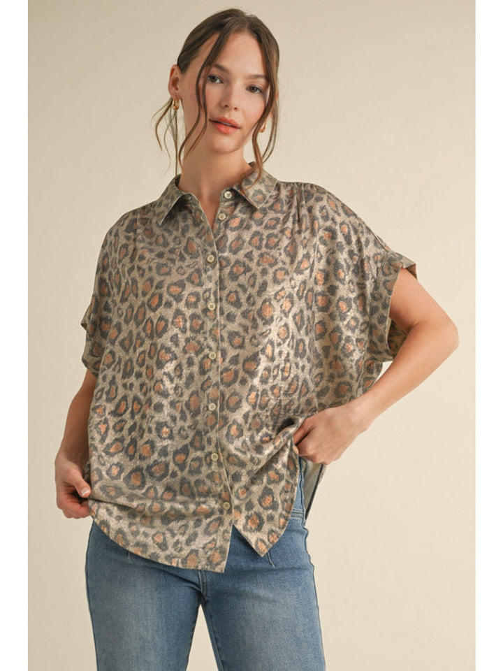 Jodifl Leopard Print Collared Button Up Cuffed Short Sleeve Ruched Shoulder Blouse Top