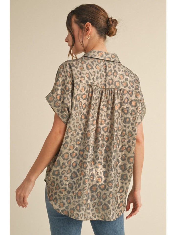 Jodifl Leopard Print Collared Button Up Cuffed Short Sleeve Ruched Shoulder Blouse Top
