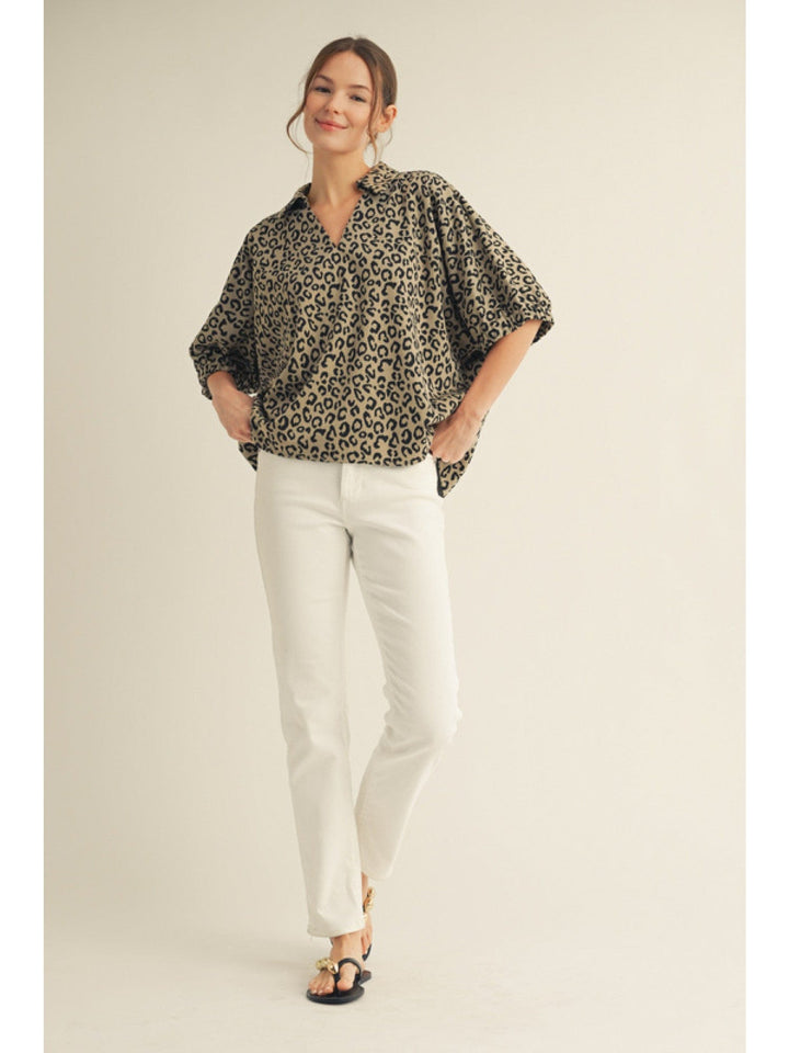 Jodifl Leopard Print Drop Shoulder Collared Top