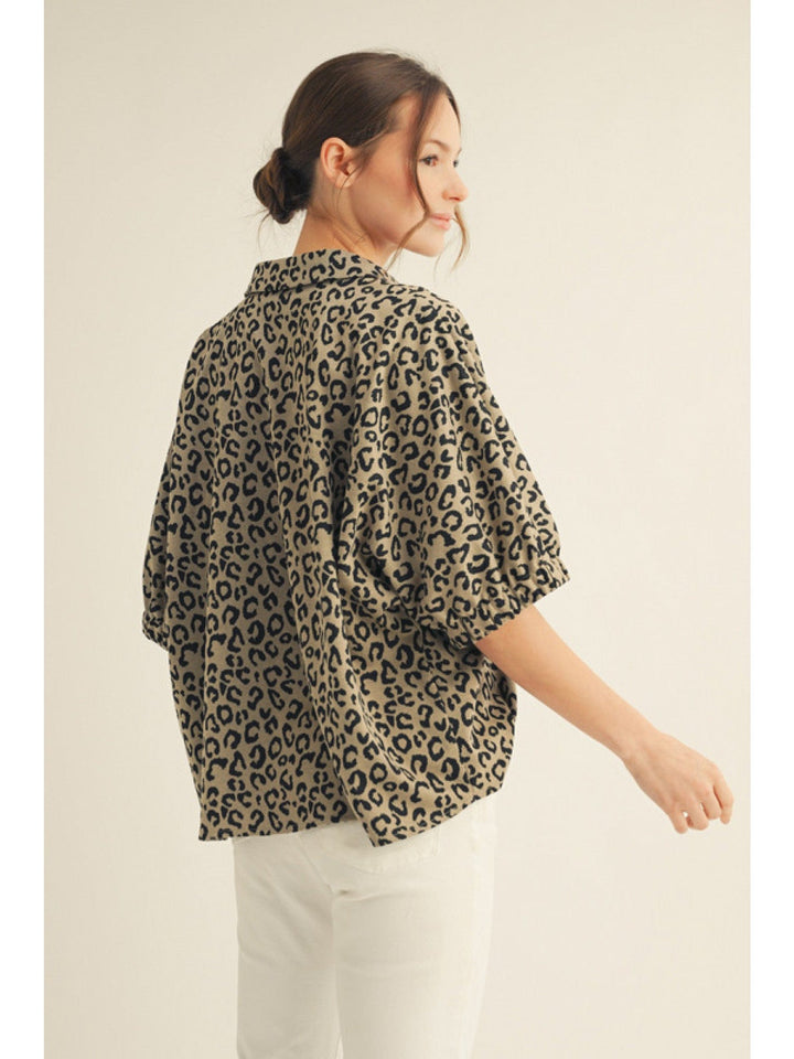 Jodifl Leopard Print Drop Shoulder Collared Top