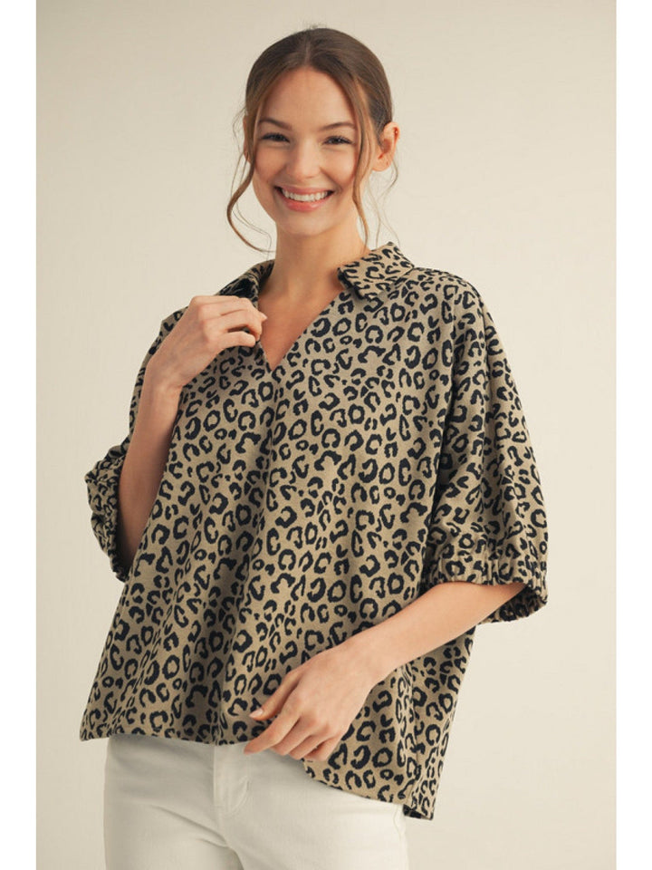 Jodifl Leopard Print Drop Shoulder Collared Top