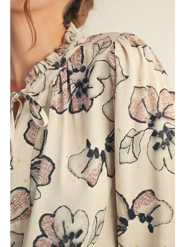 Jodifl Long Peasant Sleeve Self Tie Ruffle Neckline Blouse with Gold Glitter Accents