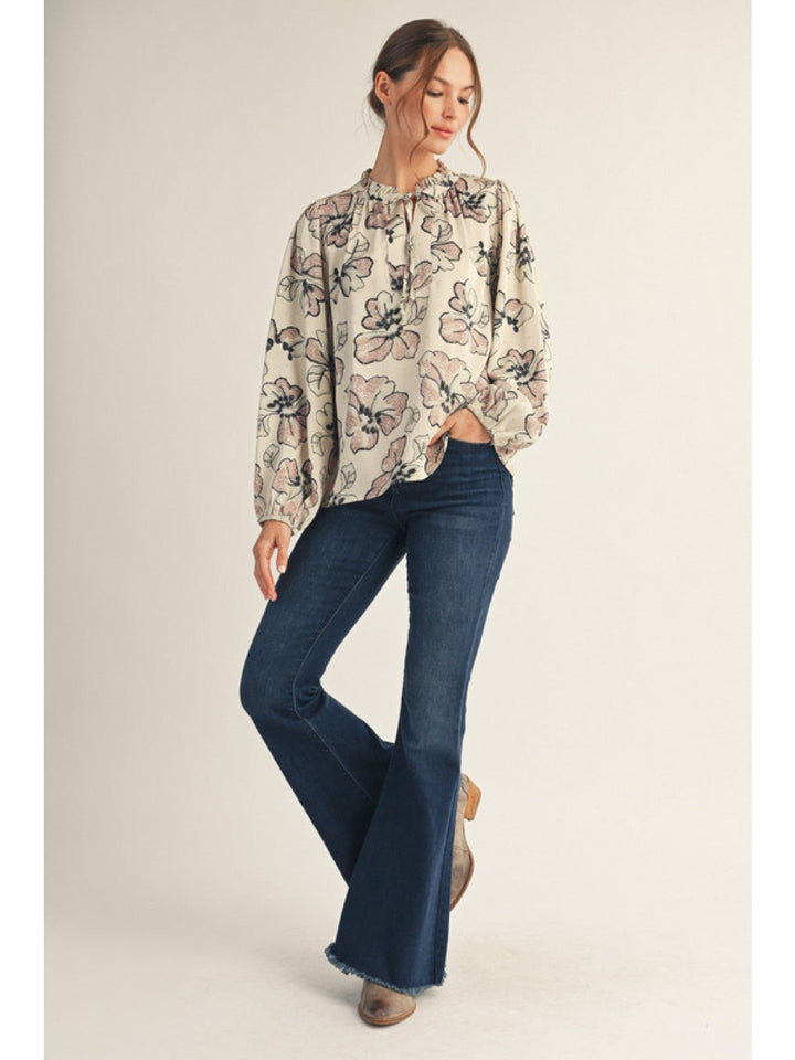 Jodifl Long Peasant Sleeve Self Tie Ruffle Neckline Blouse with Gold Glitter Accents