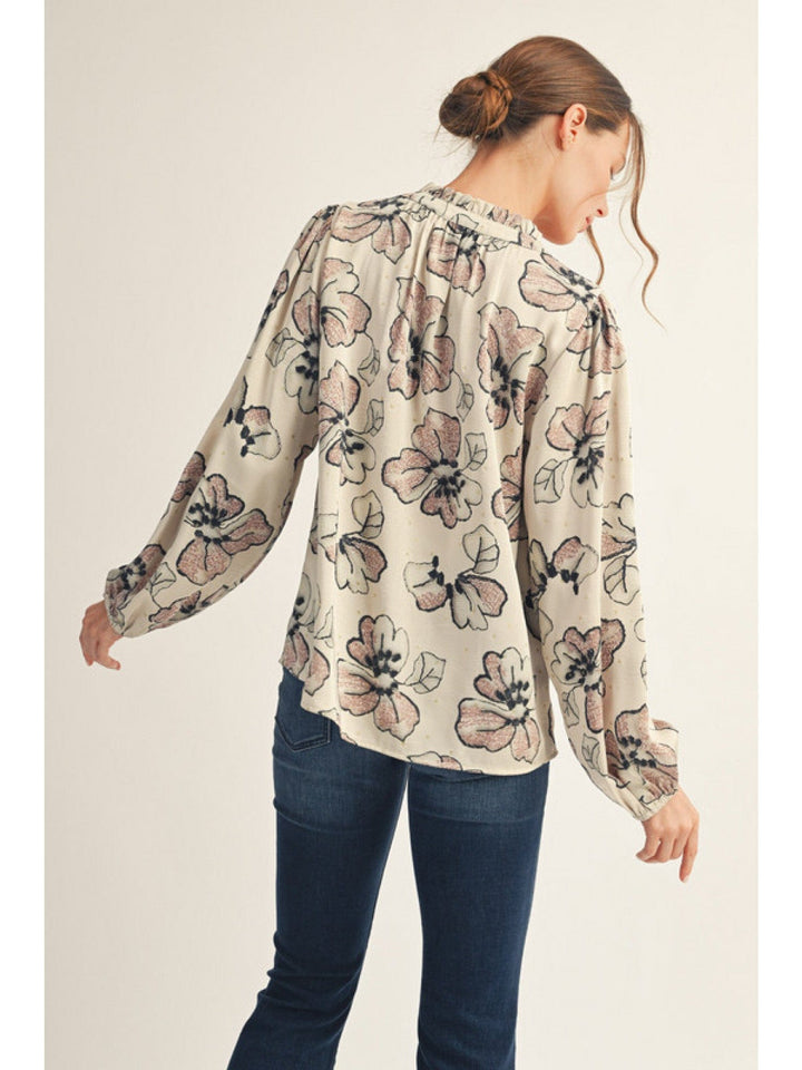 Jodifl Long Peasant Sleeve Self Tie Ruffle Neckline Blouse with Gold Glitter Accents