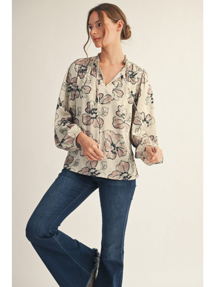 Jodifl Long Peasant Sleeve Self Tie Ruffle Neckline Blouse with Gold Glitter Accents