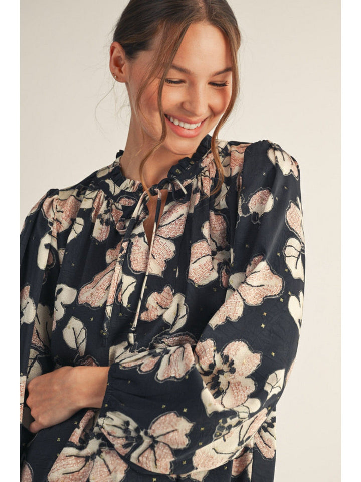 Jodifl Long Peasant Sleeve Self Tie Ruffle Neckline Blouse with Gold Glitter Accents