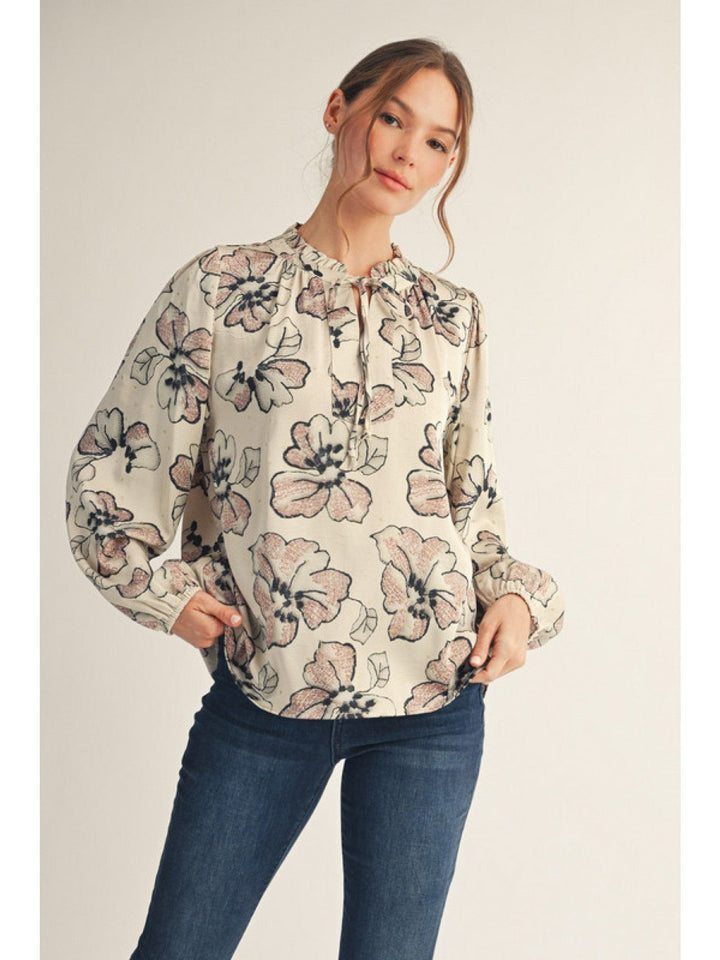 Jodifl Long Peasant Sleeve Self Tie Ruffle Neckline Blouse with Gold Glitter Accents