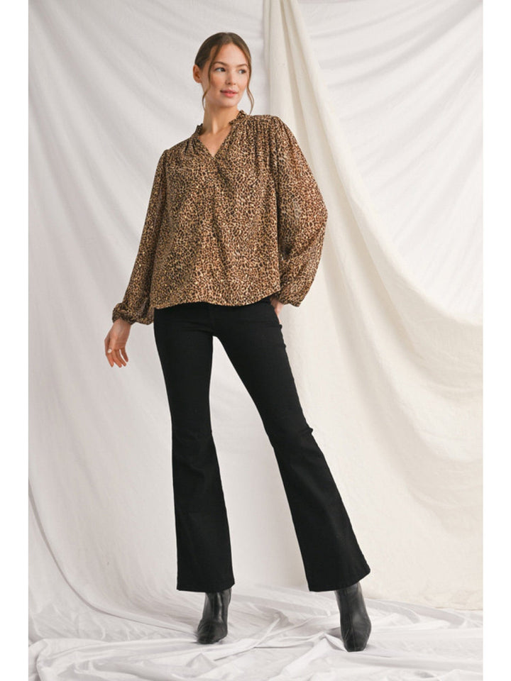 Jodifl Long Puff Sleeve Animal Print Ruffle Neck Blouse