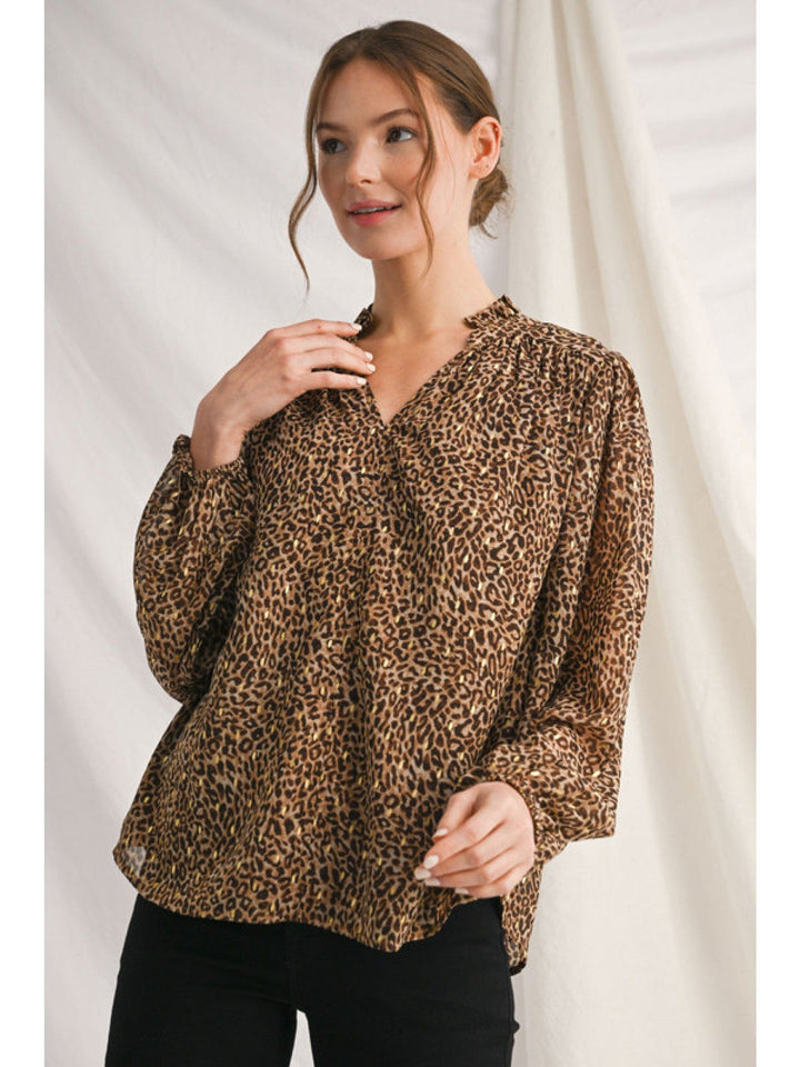 Jodifl Long Puff Sleeve Animal Print Ruffle Neck Blouse