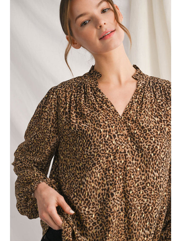 Jodifl Long Puff Sleeve Animal Print Ruffle Neck Blouse