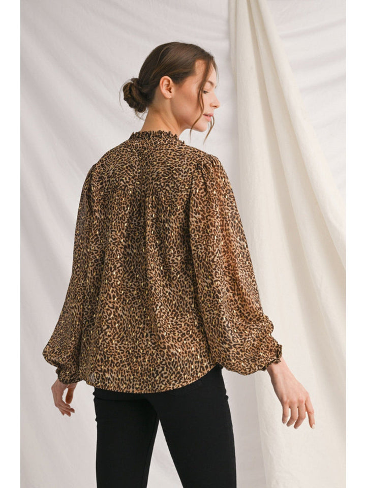 Jodifl Long Puff Sleeve Animal Print Ruffle Neck Blouse