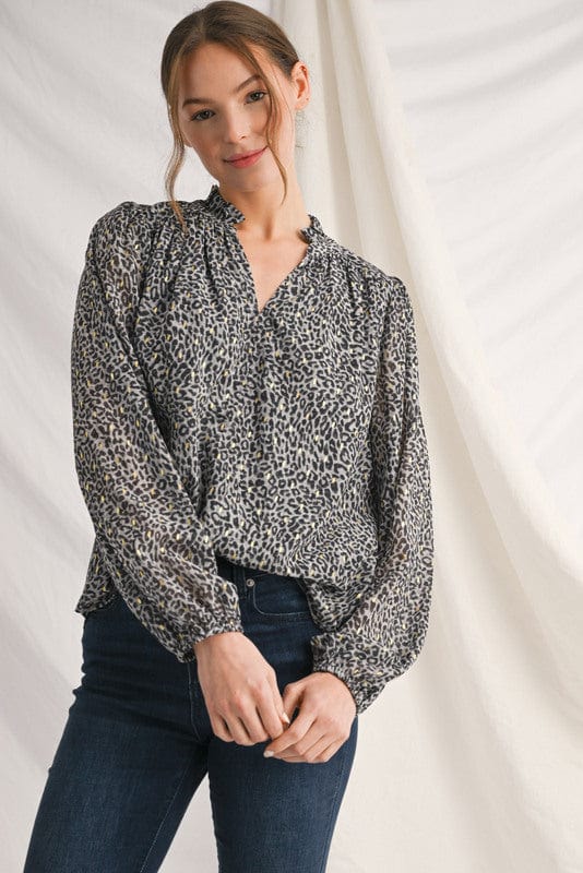 Jodifl Long Puff Sleeve Animal Print Ruffle Neck Blouse