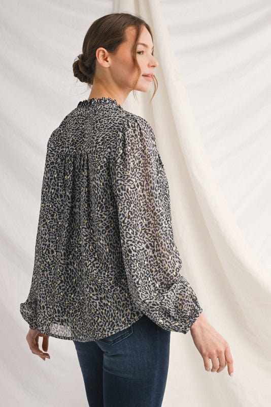 Jodifl Long Puff Sleeve Animal Print Ruffle Neck Blouse