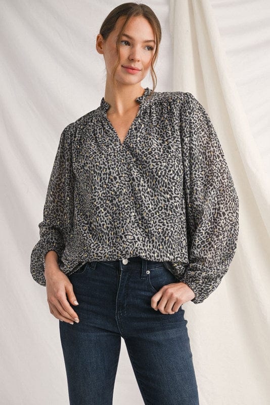 Jodifl Long Puff Sleeve Animal Print Ruffle Neck Blouse