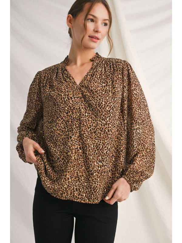 Jodifl Long Puff Sleeve Animal Print Ruffle Neck Blouse