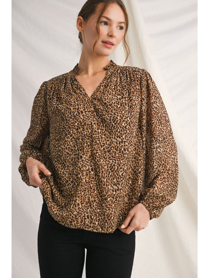 Jodifl Long Puff Sleeve Animal Print Ruffle Neck Blouse