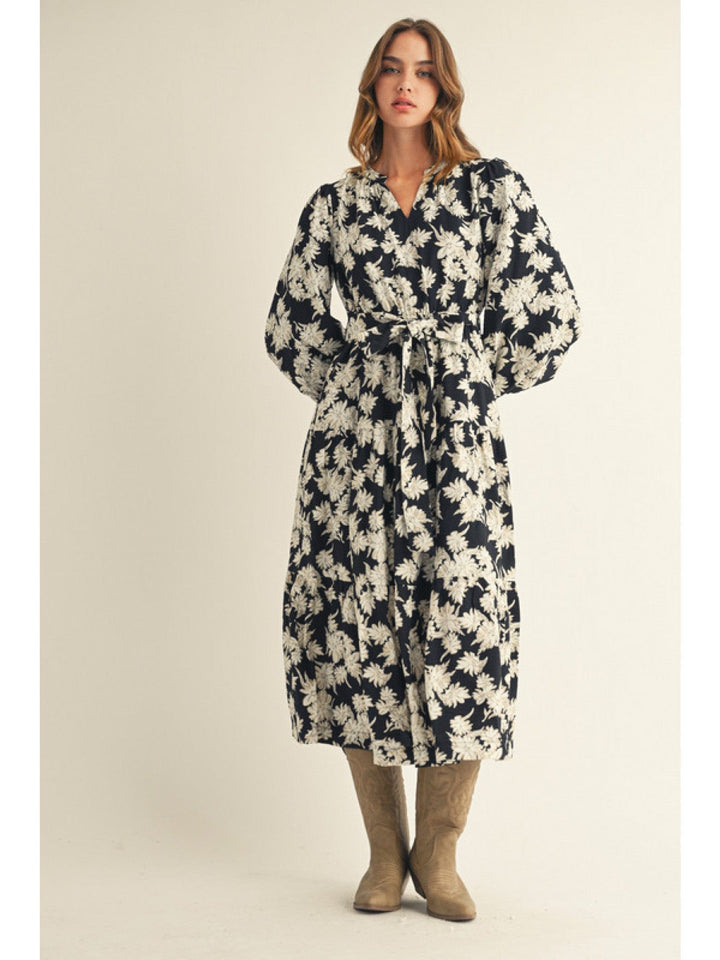 Jodifl Long Puff Sleeve Floral Midi Dress with Waist Tie