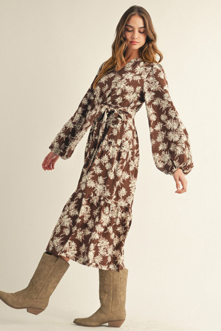 Jodifl Long Puff Sleeve Floral Midi Dress with Waist Tie