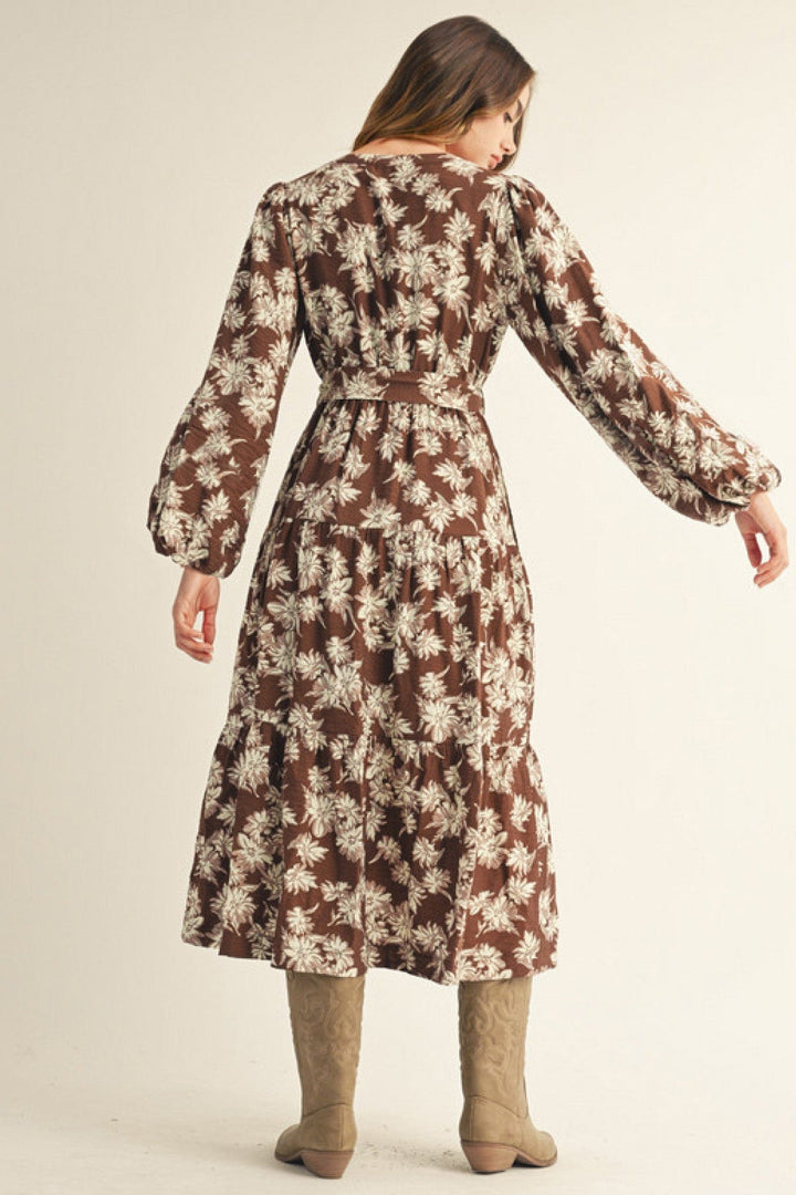 Jodifl Long Puff Sleeve Floral Midi Dress with Waist Tie
