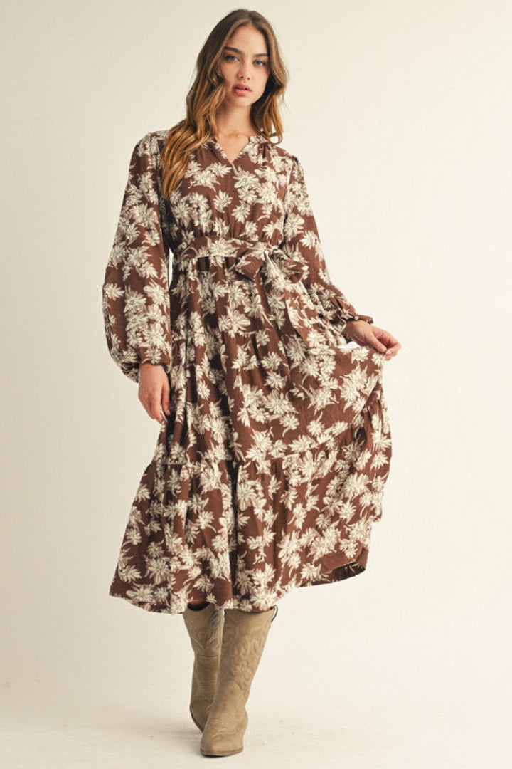 Jodifl Long Puff Sleeve Floral Midi Dress with Waist Tie