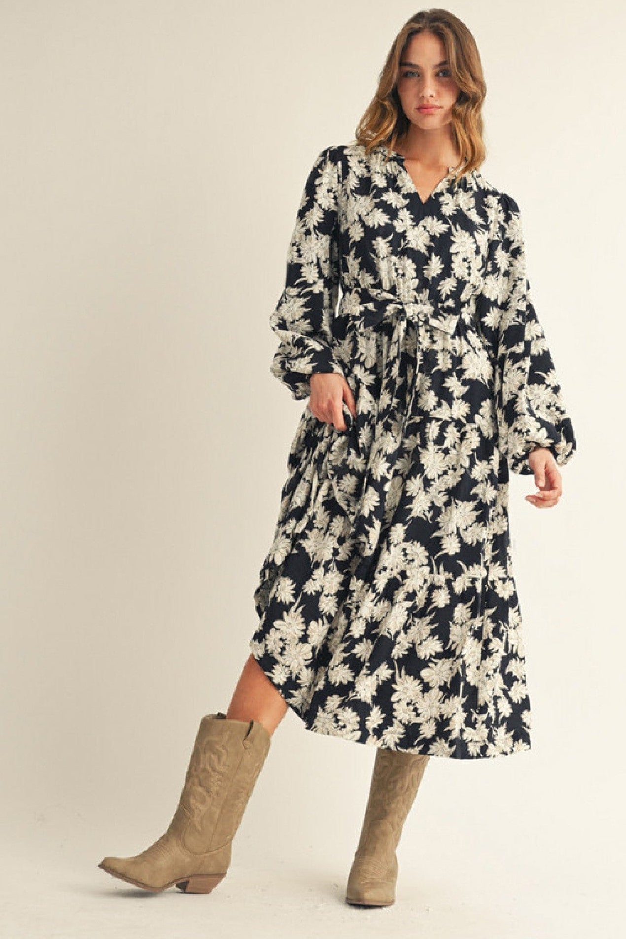 jodifl floral maxi dress Jodifl Long Puff Sleeve Floral Midi Dress with Waist Tie – jfybrand