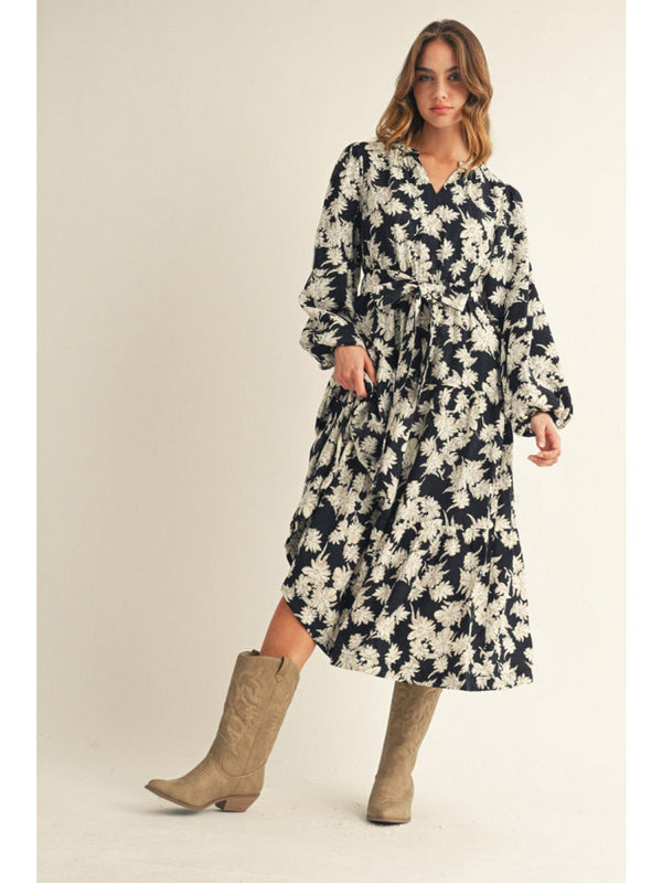 Jodifl Long Puff Sleeve Floral Midi Dress with Waist Tie