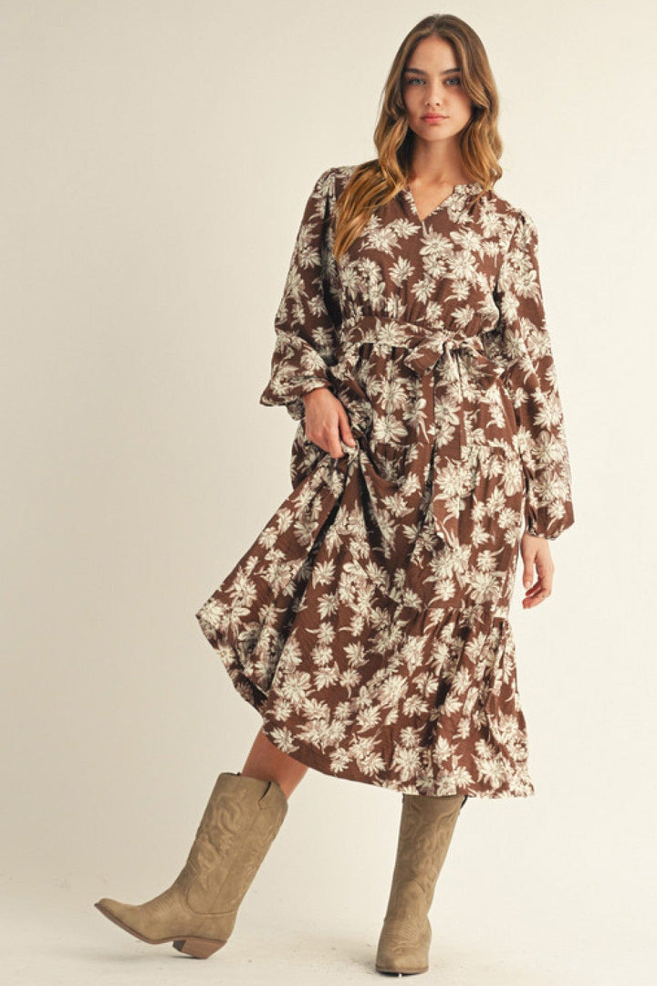 Jodifl Long Puff Sleeve Floral Midi Dress with Waist Tie