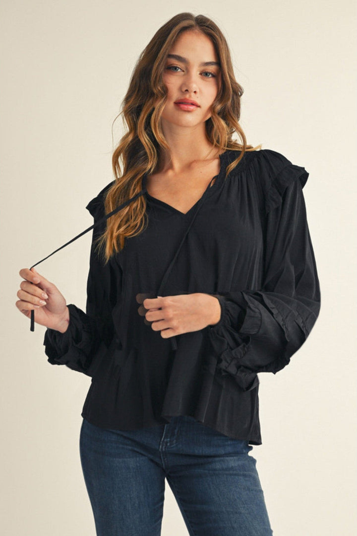 Jodifl Long Puff Sleeve Ruffle Detailed Peasant Blouse