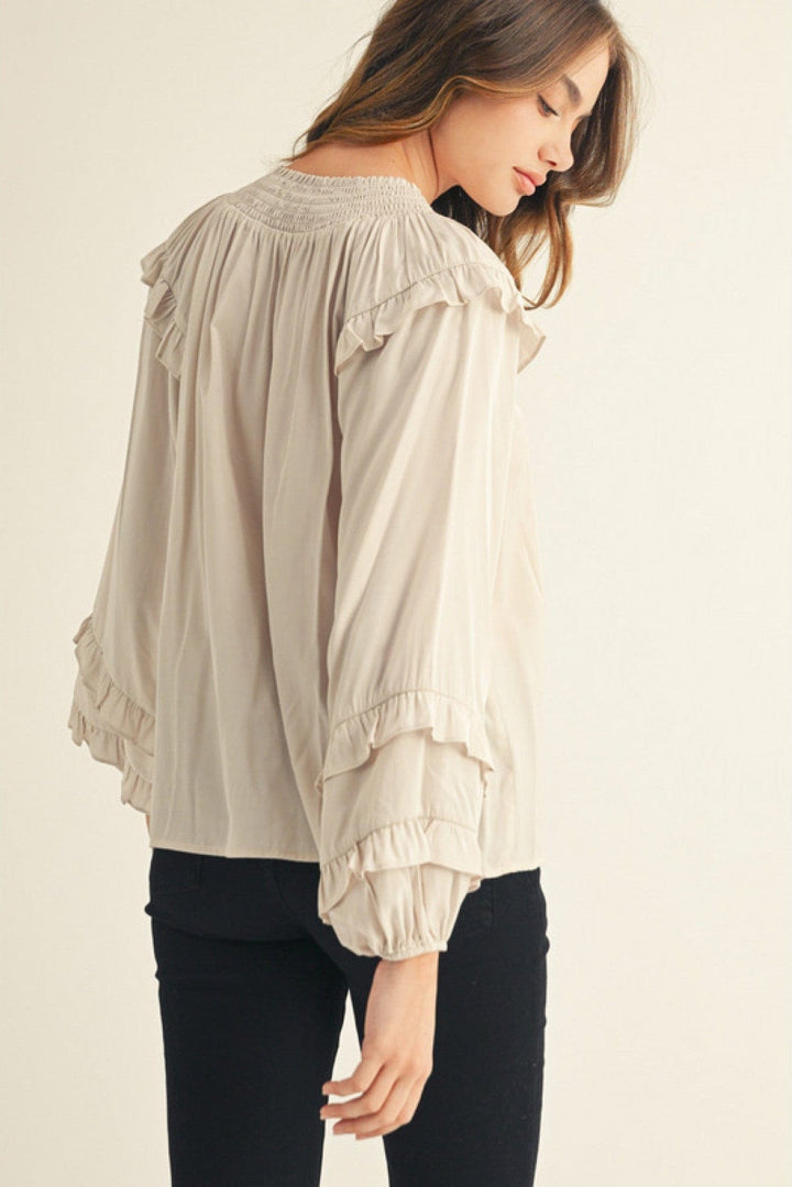 Jodifl Long Puff Sleeve Ruffle Detailed Peasant Blouse
