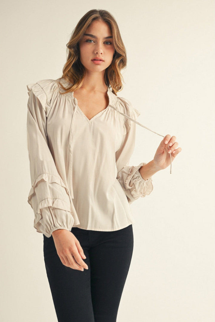 Jodifl Long Puff Sleeve Ruffle Detailed Peasant Blouse