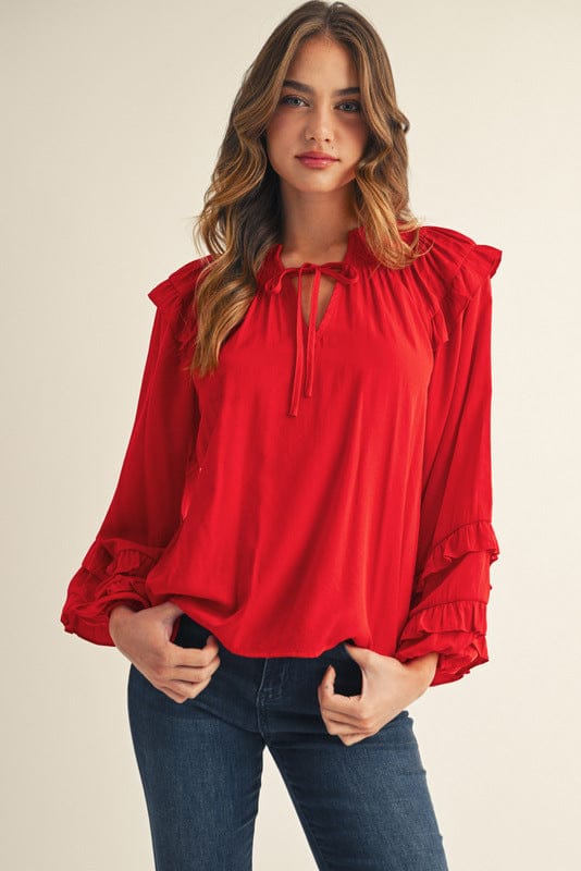 Jodifl Long Puff Sleeve Ruffle Detailed Peasant Blouse