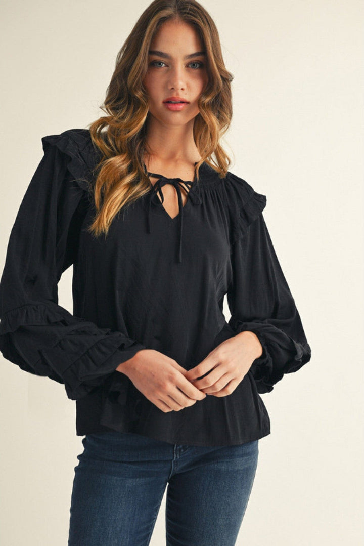 Jodifl Long Puff Sleeve Ruffle Detailed Peasant Blouse