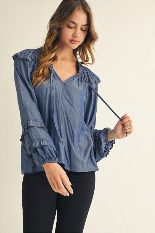 Jodifl Long Puff Sleeve Ruffle Detailed Peasant Blouse